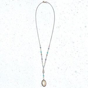 Beaded Long Pendant Necklace Antique Gold Chain with Faux Pearl Drop